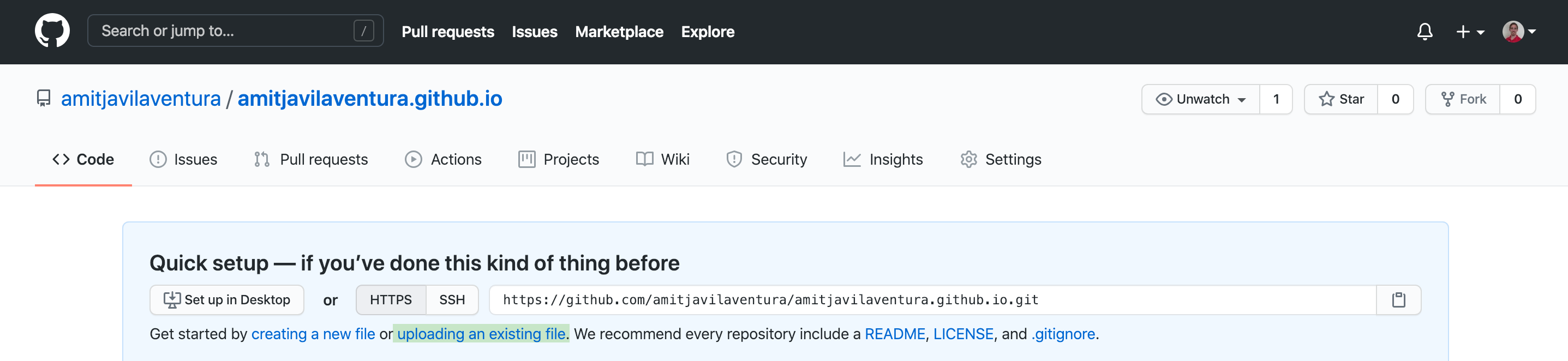 Three steps to create a repository on GitHub to publish your website in <code>username.github.io</code>: 1) Go to your GitHub account and create a new repository with the '+' tab in the top-right corner; 2) name your repository as 'username.github.io', where username is your GitHub username, and click at 'create repository' at the end of the page; 3) click to 'uploading existing files' and, in the new page, drag or upload your files.